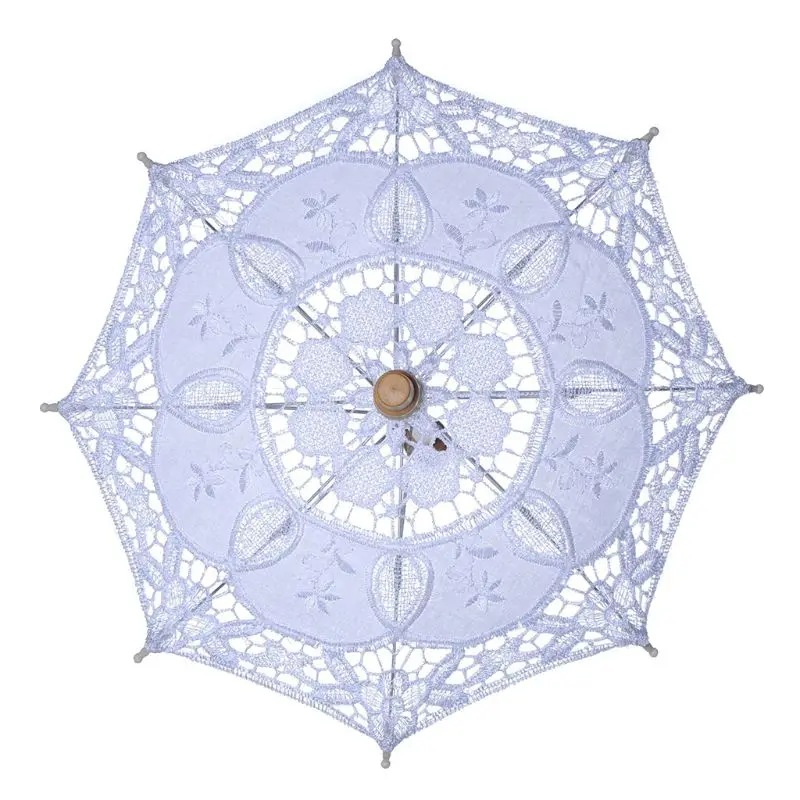 Womens Wedding Bridal Parasol Umbrella Hollow Out Embroidery Lace Solid White Color Romantic Photo Props With Wood Handle 8 Ribs images - 6