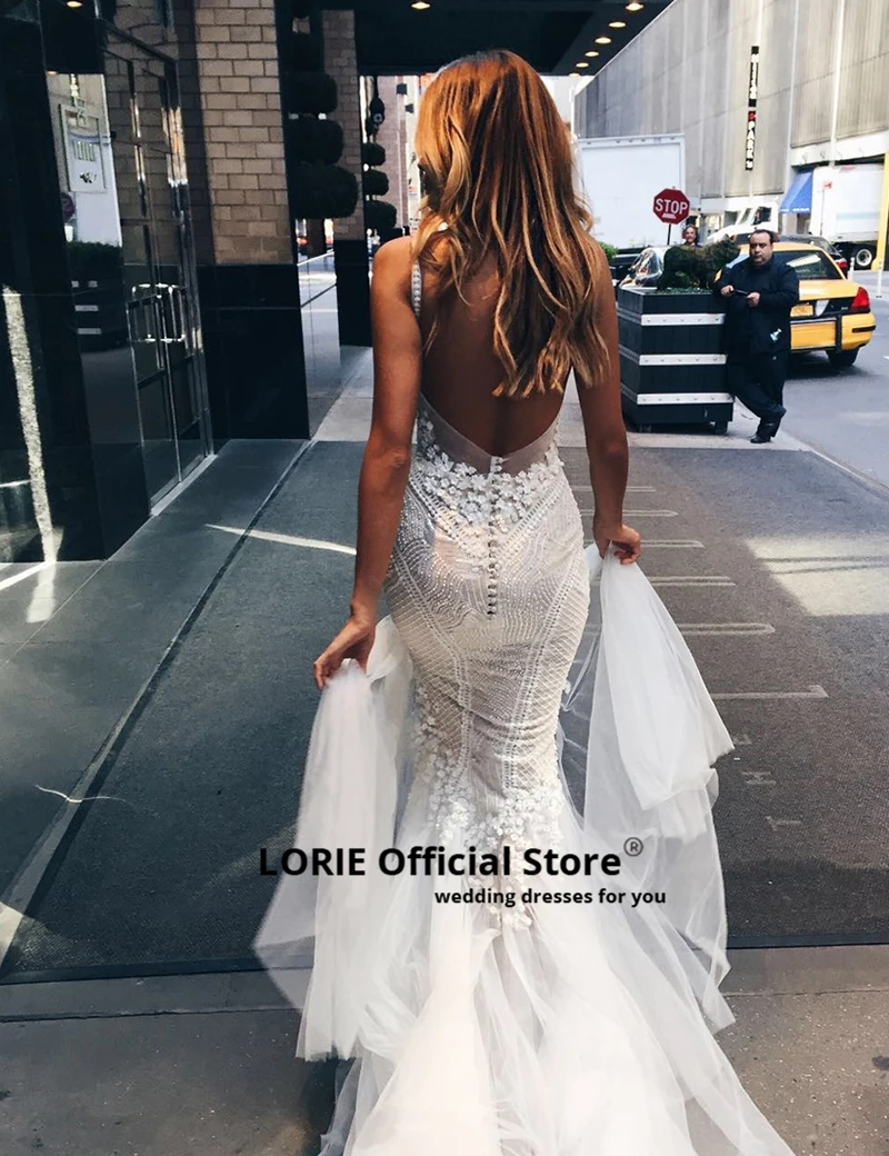 LORIE Meerjungfrau Hochzeit Kleider Spitze 2020 Spaghetti Strap Weiche Tulle Backless Brautkleider Ärmel Braut kleid mit Zug