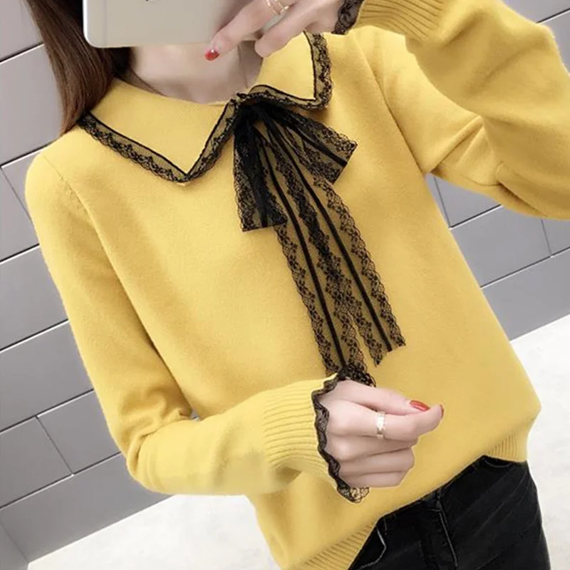 Bow Tie Autumn winter Sweaters Lace Patchwork Turn Down Collar Sweater Women Pullovers New Loose Lazy Knitted Sweater Tops