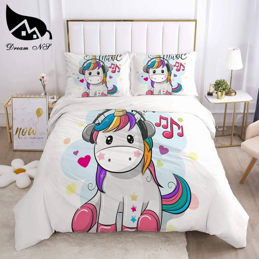 Juego de cama blanco de unicornio, ropa de cama King y Queen, Textiles para el hogar, edredón de caballo arcoíris, juego de cama