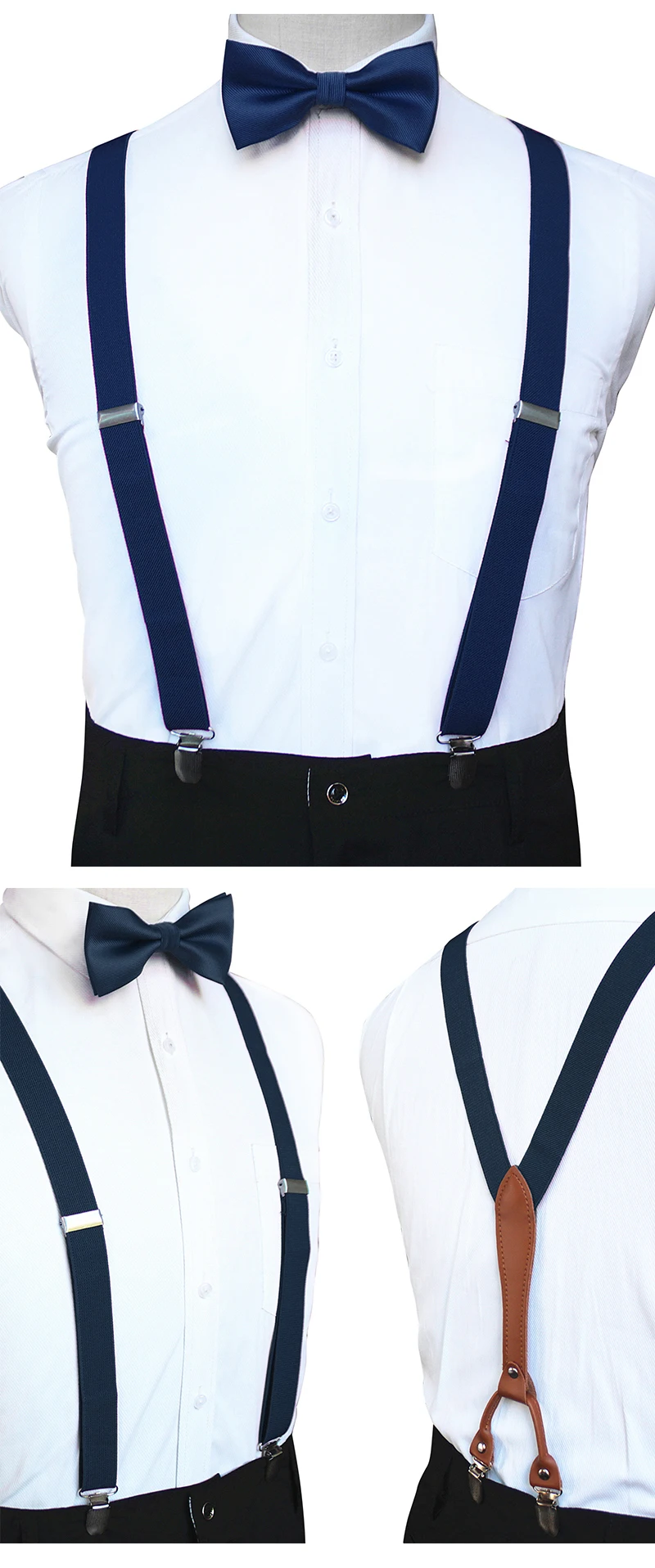 Adjustable Elasticated Y Shape Men Suspenders Bowtie Set Black Elastic Clip-on Braces Belt with Leather Suit Business Wedding