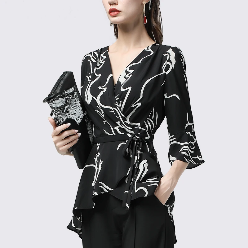 موضة الأسود المشارب طباعة ذيل طويل المرأة قمصان سهرة أنيقة ضئيلة سبعة كم بلوزات على شكل حرف v مع حزام مكتب بلوزة عادية #4