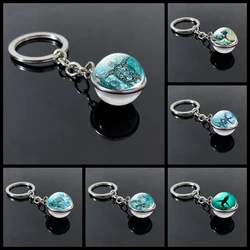 New Turtle Dolphin Shell Glass Ball Keychain Glass Ball Convex Jewelry Keychain Marine Souvenir Pendant Gift