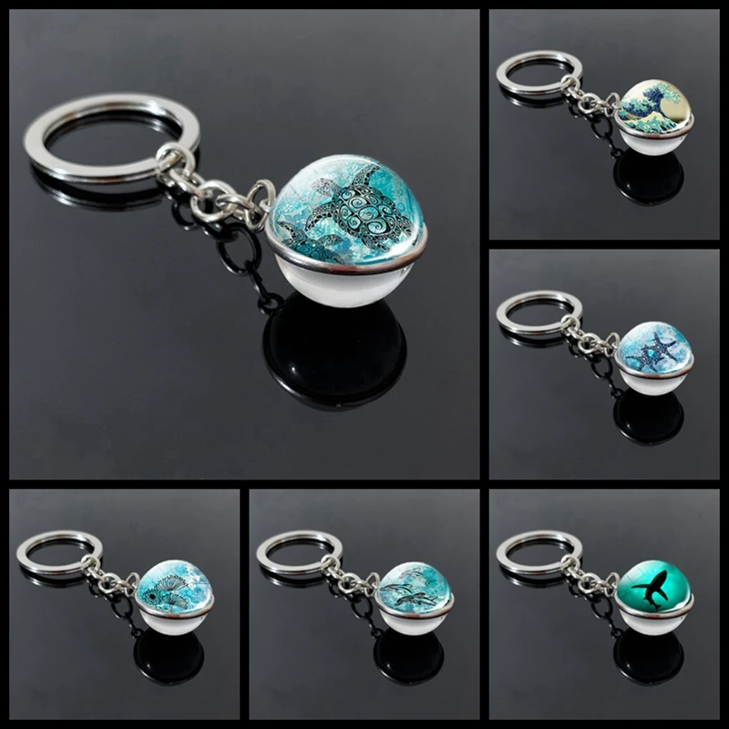 New Turtle Dolphin Shell Glass Ball Keychain Glass Ball Convex Jewelry Keychain Marine Souvenir Pendant Gift