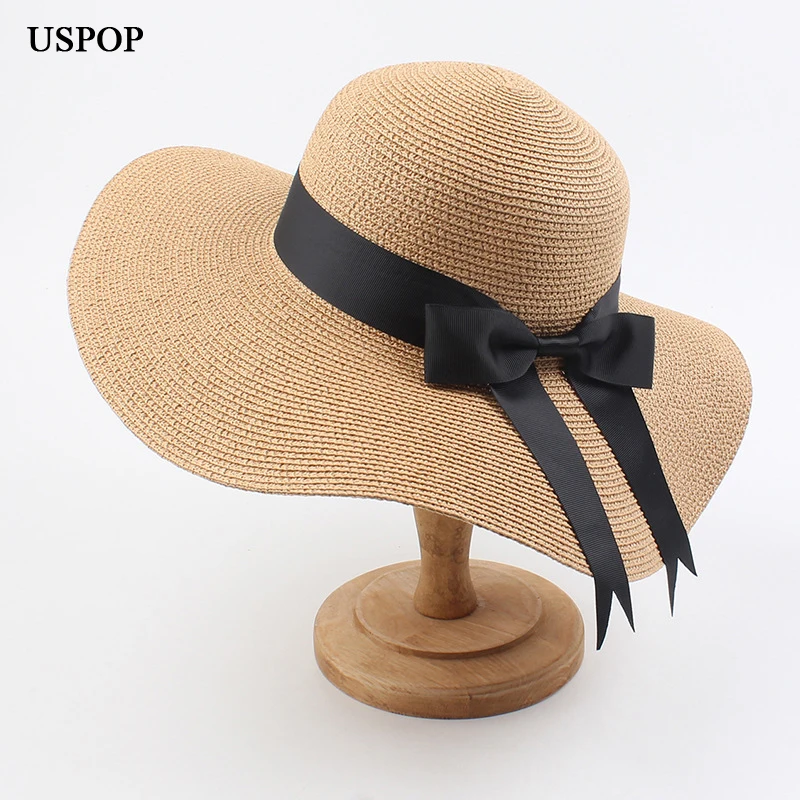 USPOP Women straw hats sun hats  female wide brim beach hat bow summer hat anti uv straw sun hats