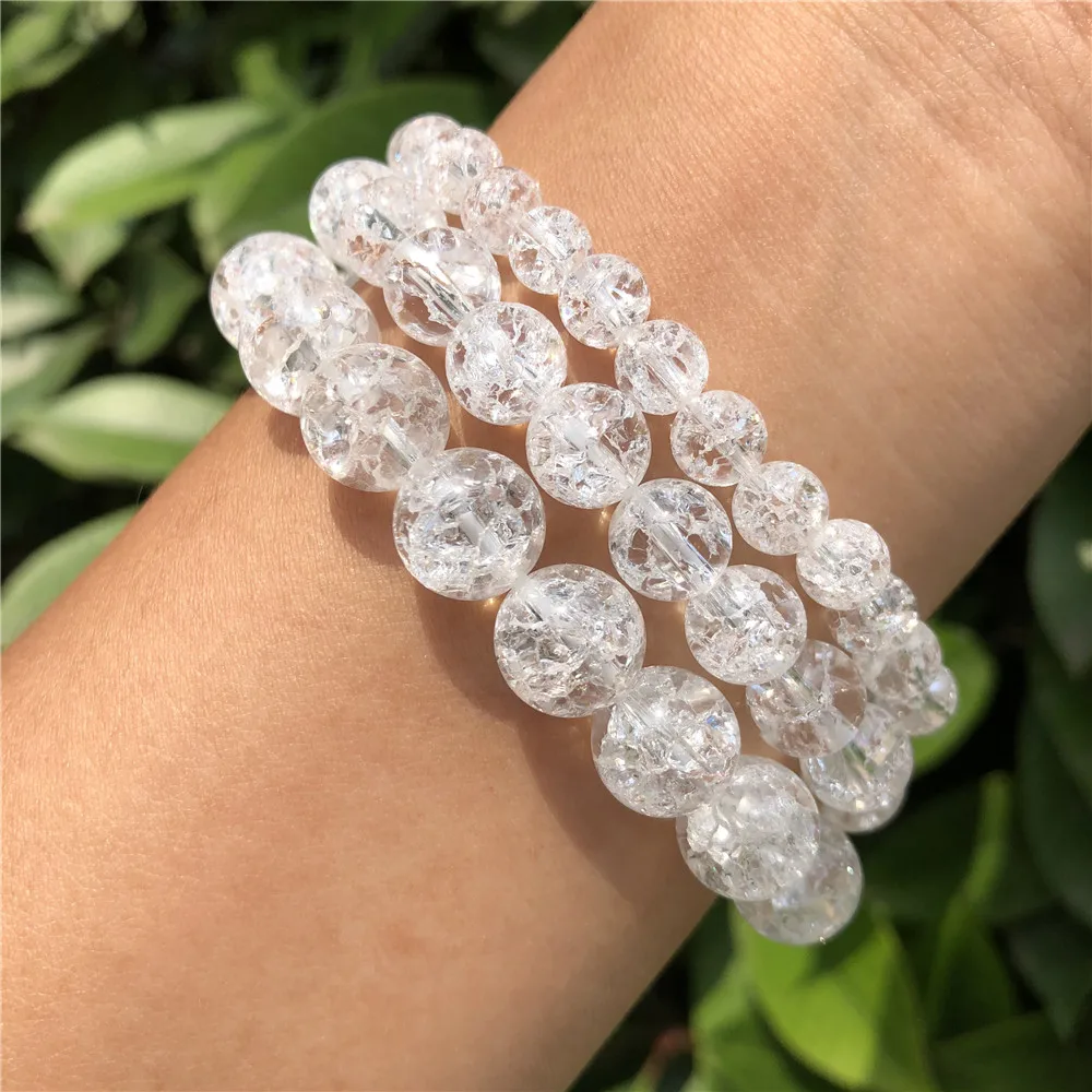 1 Pc Fengbaowu Natural Clear Rock Quartz Bracelet Rainbow Round Crack Beads Crystal Reiki Healing Stone Fashion Jewelry Gift