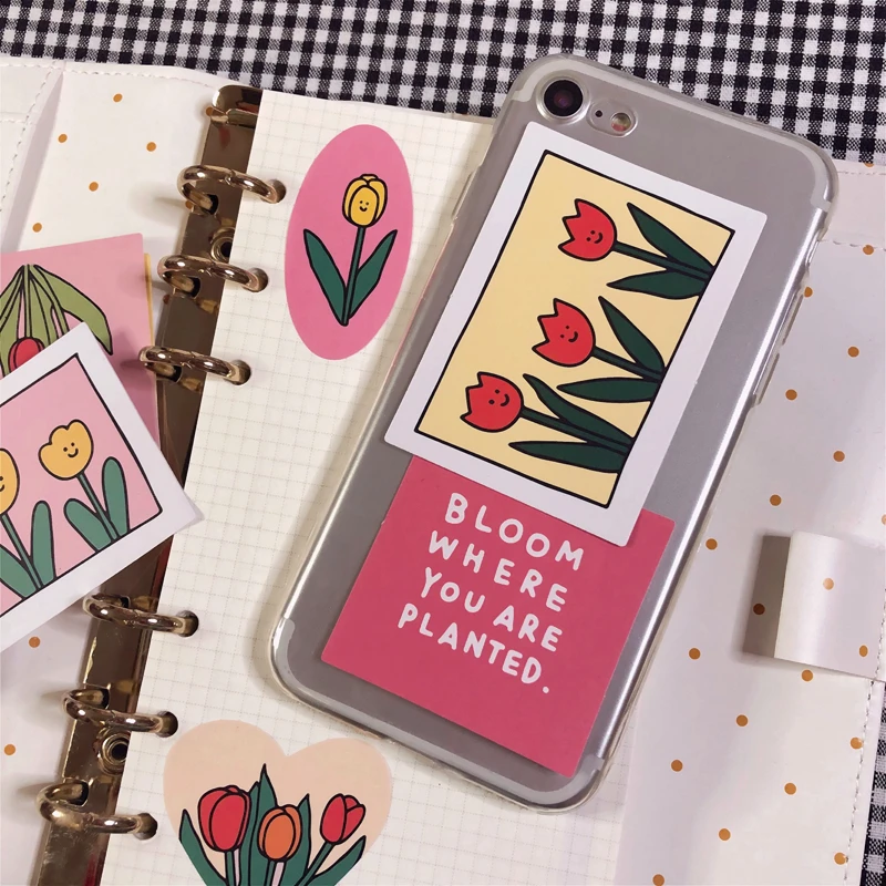 Korean Tulip Series Letters Flower Sticker Diy Hand-painted Simple Mobile Phone Notebook Labels Decorative Sticker Stationery
