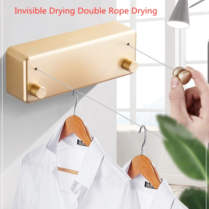 Retractable Clothesline Black/Gold Steel Wire Dual Row Simple Indoor Laundry Rack Dryer Invisible Drying Clothes Hanger Rope