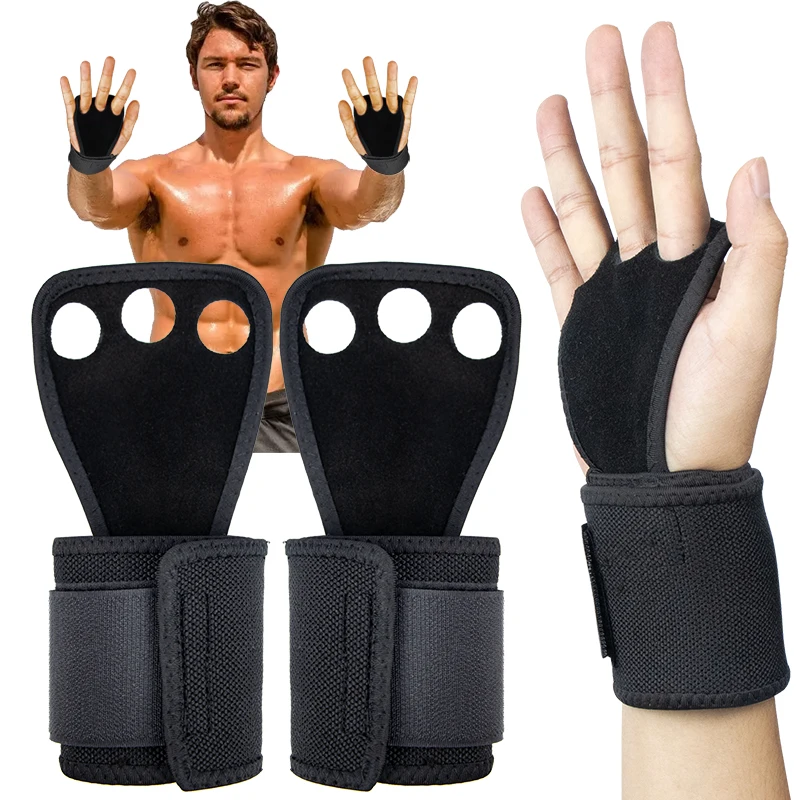 Gym Weightlifting Gloves 3 Holes Cowhide Leather Hand Grips Artistic Gymnastics Grip Pull-ups Prevent Hand Blisters Rip