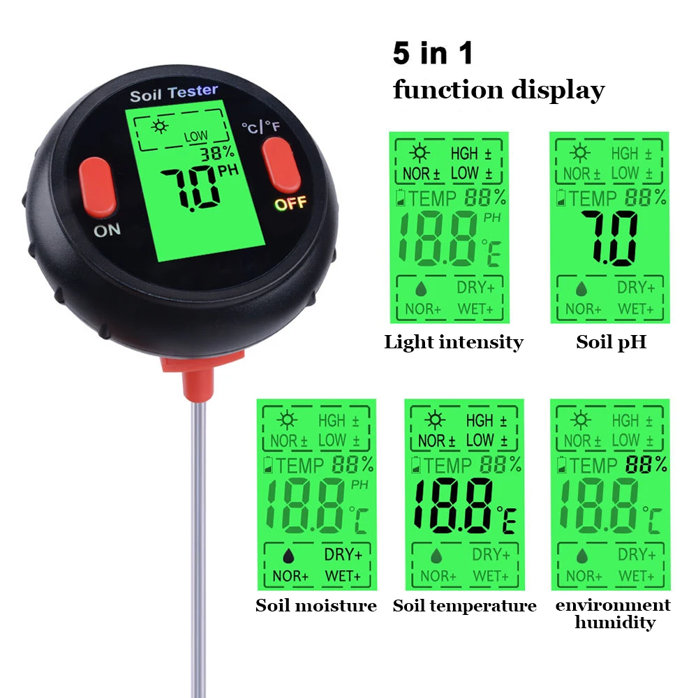 

5 in 1 Soil Ph Meter Soil Tester PH Moisture Meter Temperature Sunlight Intensity Measurement Analysis Acidity Alkali