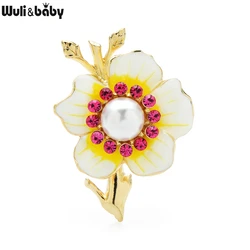 Wuli&baby Red Crystal Pearl Plum Enamel Flower Brooch Pins For Dress and Suit