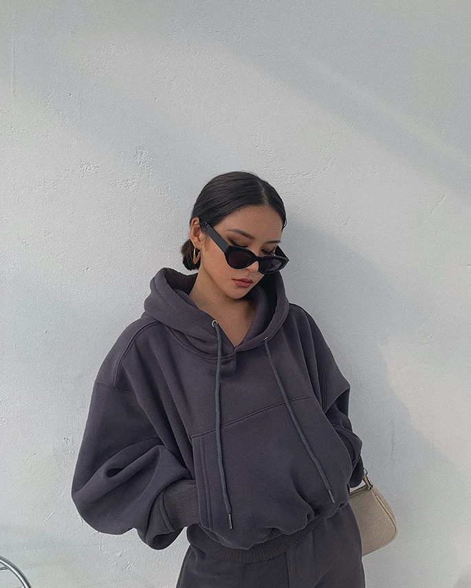 Solid Gray Hoodies Women Autumn Loose Fleece Crop Tops Streetwear Two Colors Winter Basic Hooded Sweatshirts Cropped Pullovers