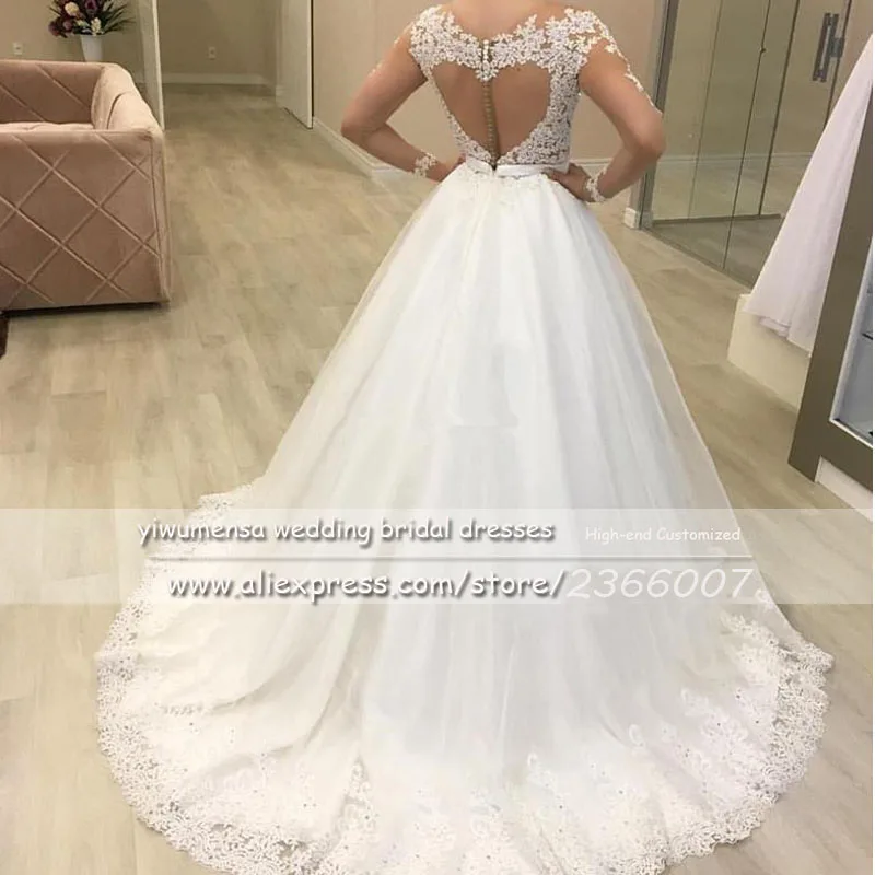 Sparkly A Line Wedding Dress Full Sleeves O Neck Appliques Beaded Bridal Gowns Sweep Train Customized Bride Marriage Clothing