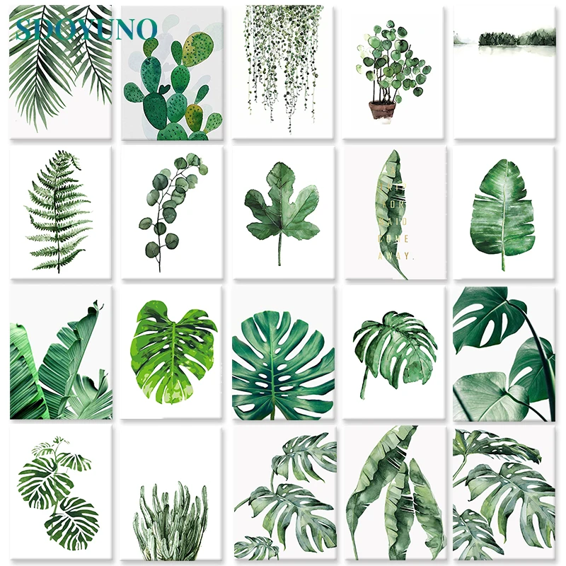 SDOYUNO 60x75cm DIY Oil Painting By Numbers On Canvas Leaves Frameless Paint By Numbers green plants Digital Painting Home Decor