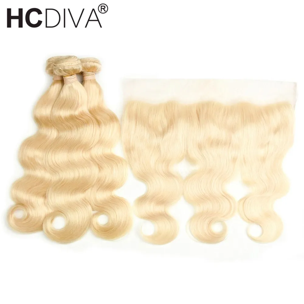 613 Bundles With Frontal Blonde Brazilian Body Wave 3 Bundles With 13x4 Frontal Remy Blonde Human Hair Lace Frontal Closure