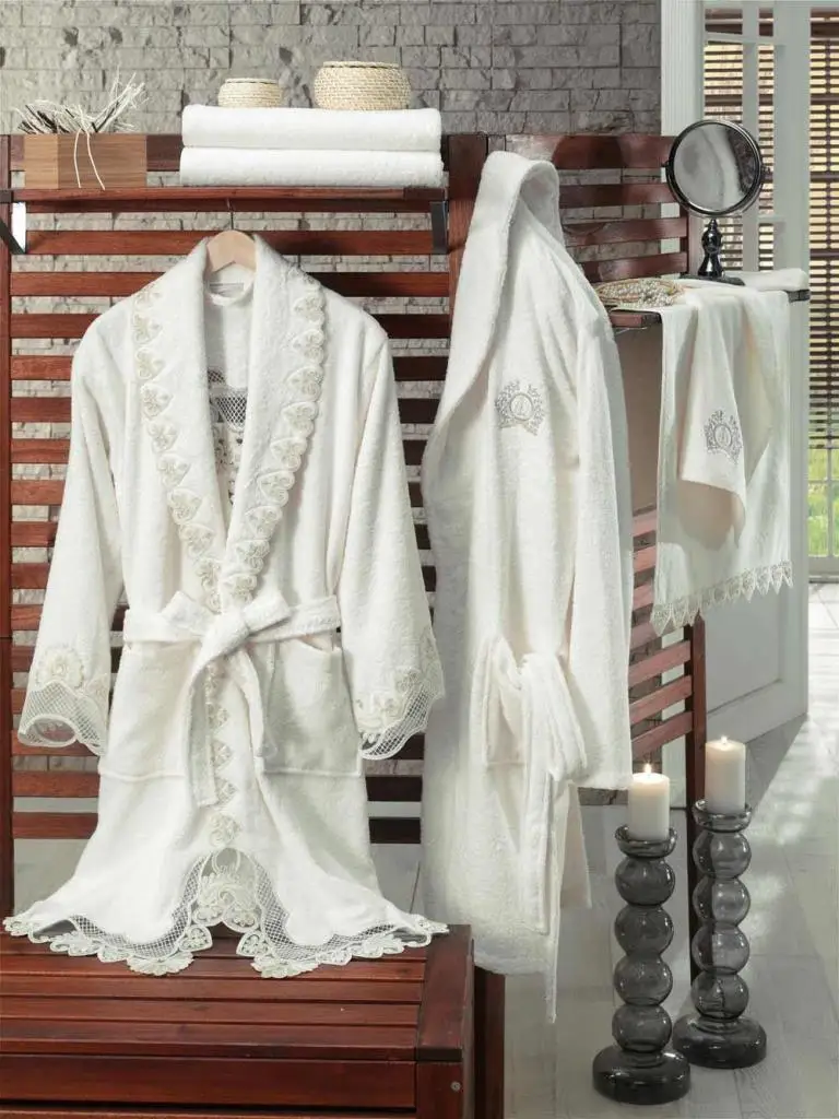 Ruching Love French Laced Robe Set Cream Cream