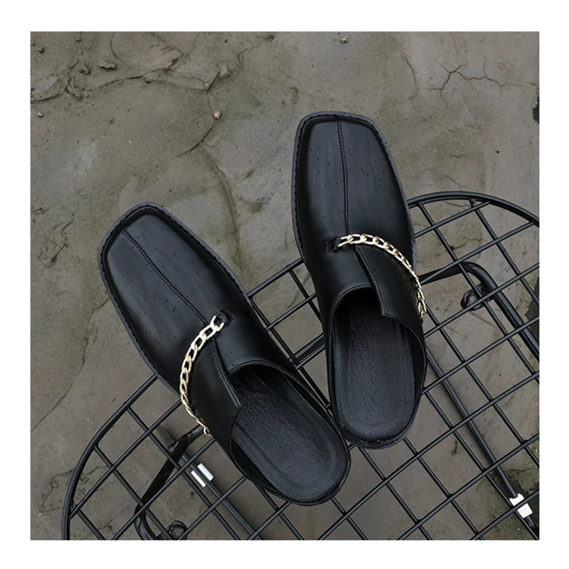 Men\'s Punk Style Metal Chain Slip On Mules Modern Man Fashion Square Toe Slides Summer Cool Boy Daily Shoes