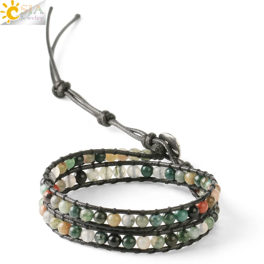 CSJA Multilayer Wrap Bracelets Natural Gem Stone Lava Onyx Beads 2 Strands Leather Bracelet Homme Boho Braided Jewelry S614