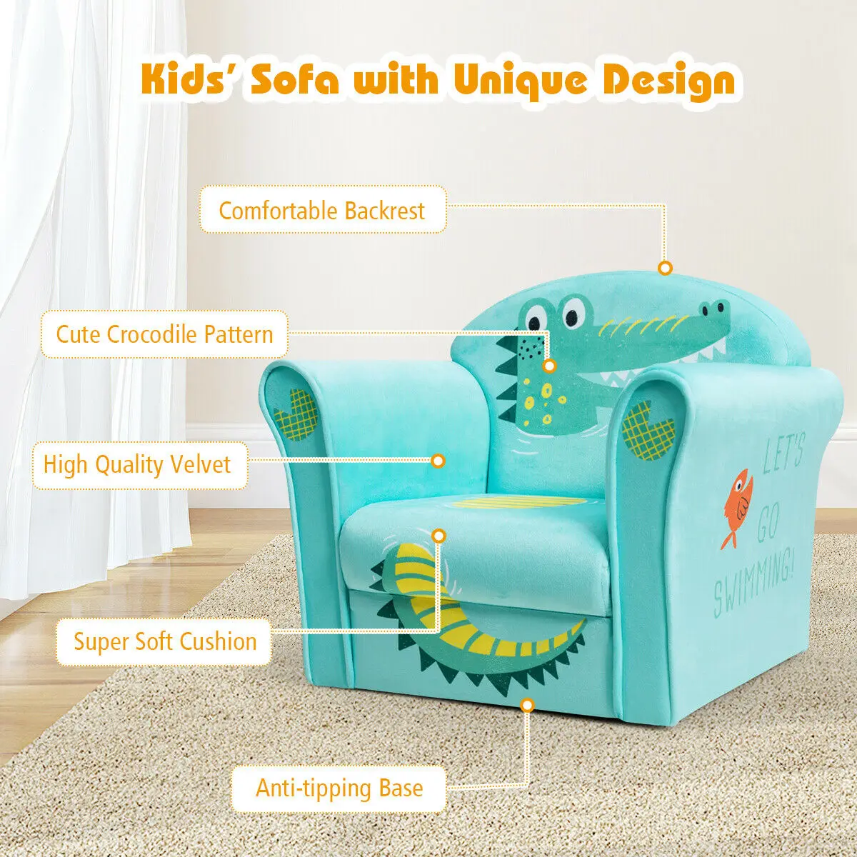 Sofá de cocodrilo para niños, Sillón tapizado con reposabrazos, muebles para niños pequeños, HW65436