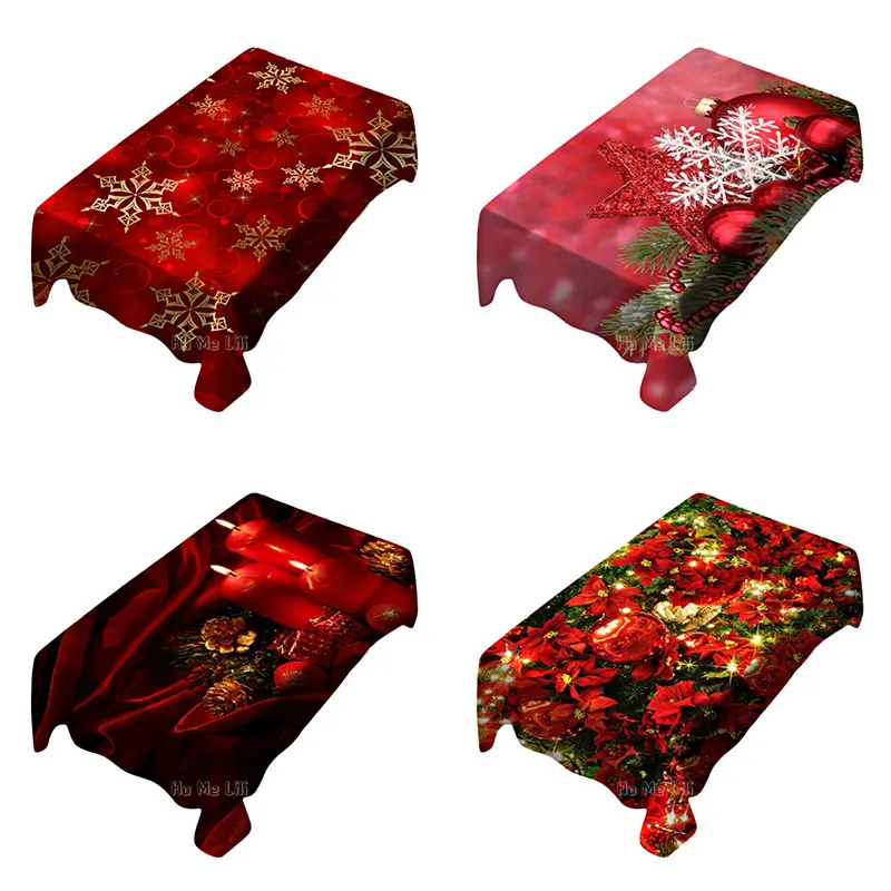 Jingle Bells Gold Red Christmas Rose Flower Snowflake Tablecloth Waterproof For Romantic Event Or Banquet