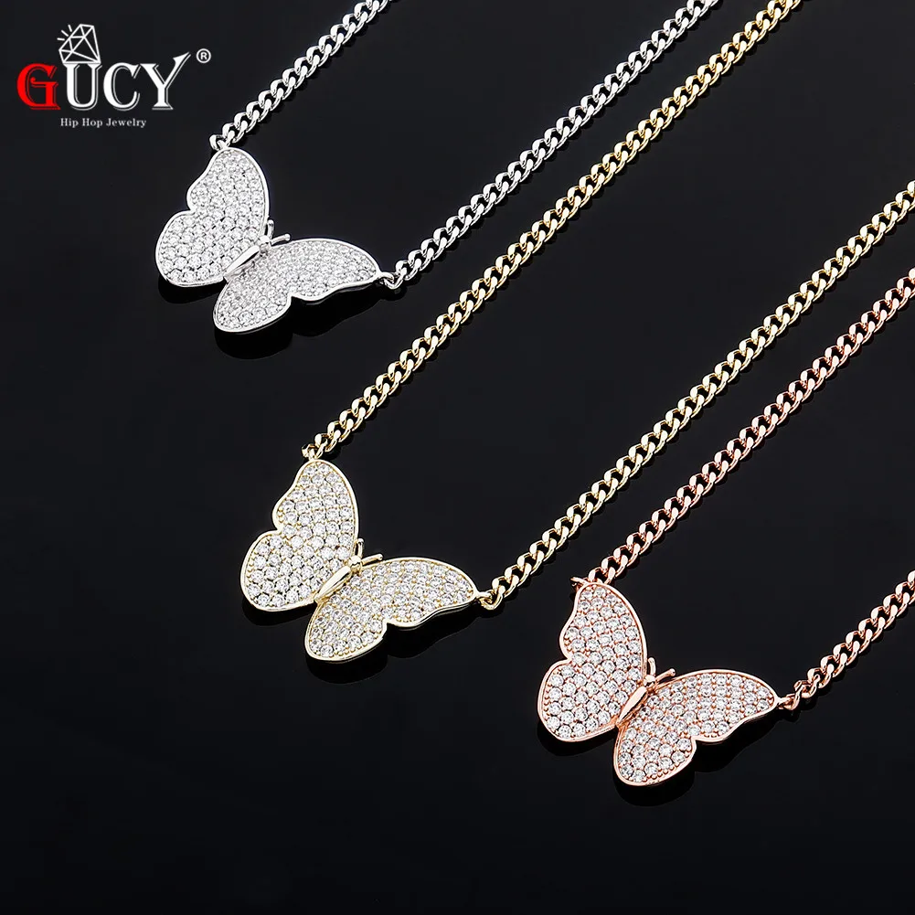 GUCY Animal Butterfly Pendant Necklace Charm Bling  Jewelry AAAA Cubic Zircon Women Men's Hip Hop Rock Jewelry