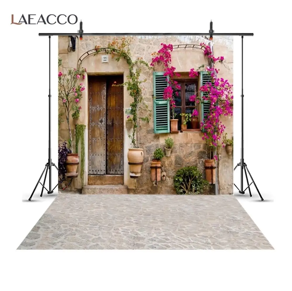 Laeacco Old Rural Village House Window Door Flower Country Yard Porch Wreath Scene Photo Background Photo Backdrop Photo Studio