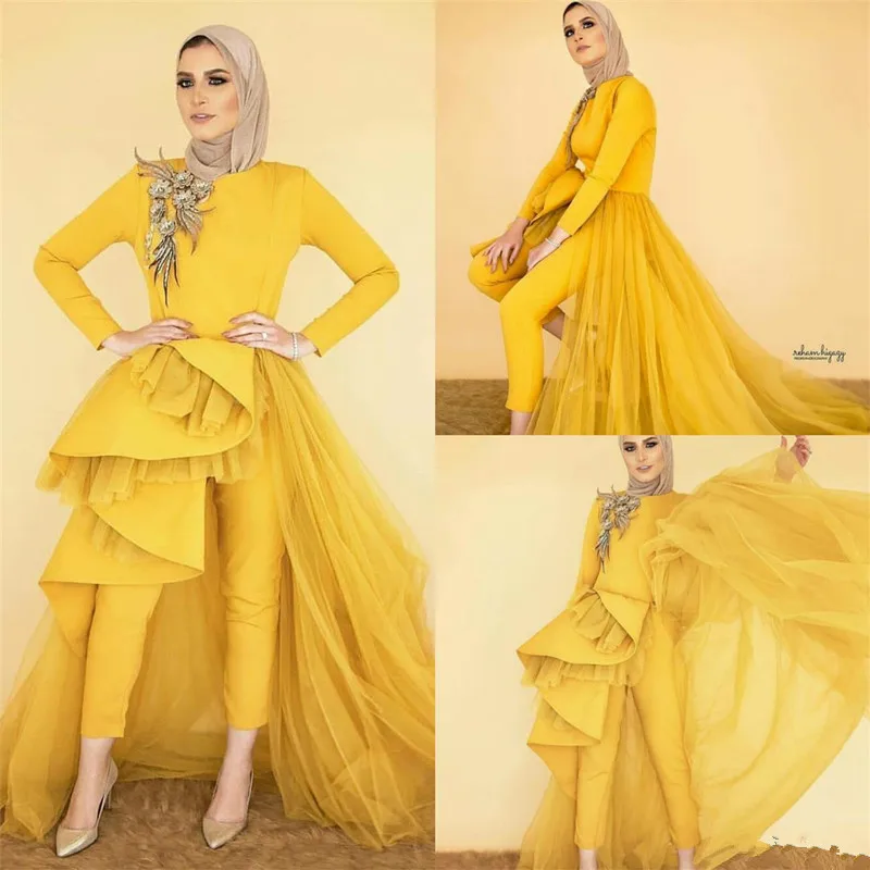 Yellow Muslim Prom Jumpsuit with Train 2020 Long Sleeve Peplum Tutu Kaftan Caftan Arabic Hijab Occasion Evening Pant Suit Dress