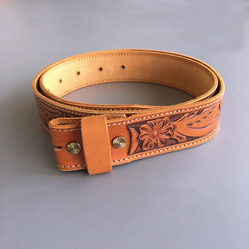 New Light Coffee Hand Crafted Western Flowers Solid Real Leather Belt With Brass Screws BELT1-003LW