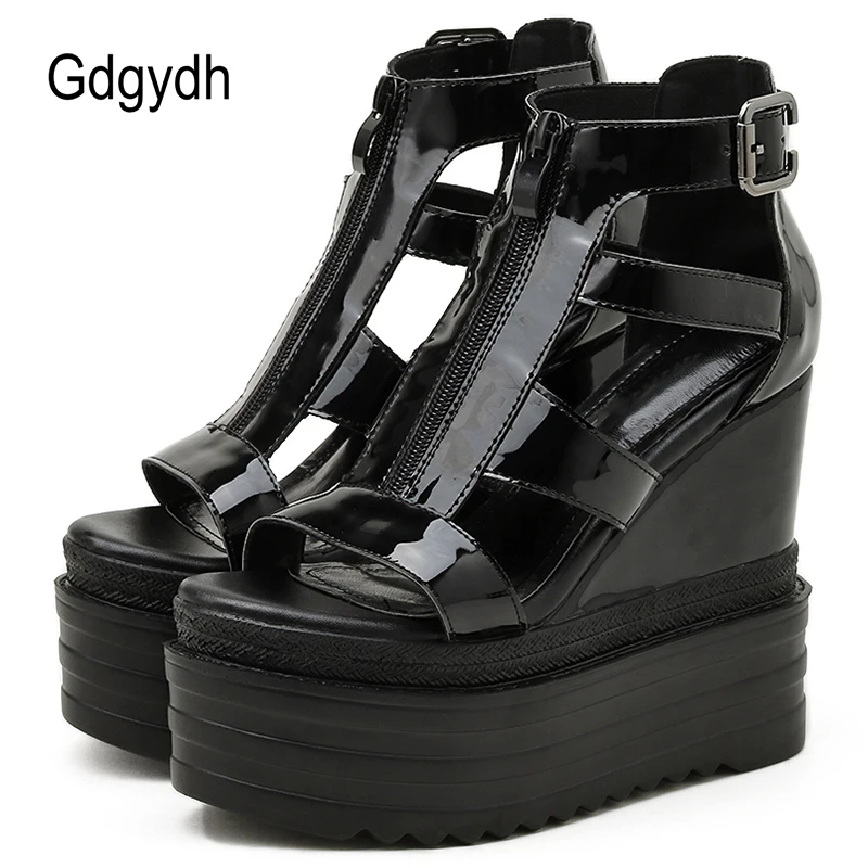 Gdgydh Hot INS Vintage Platform Heels Sandals Women Dress Party Patent Leather Gladiator Shoes Summer Back Zipper Punk Girls