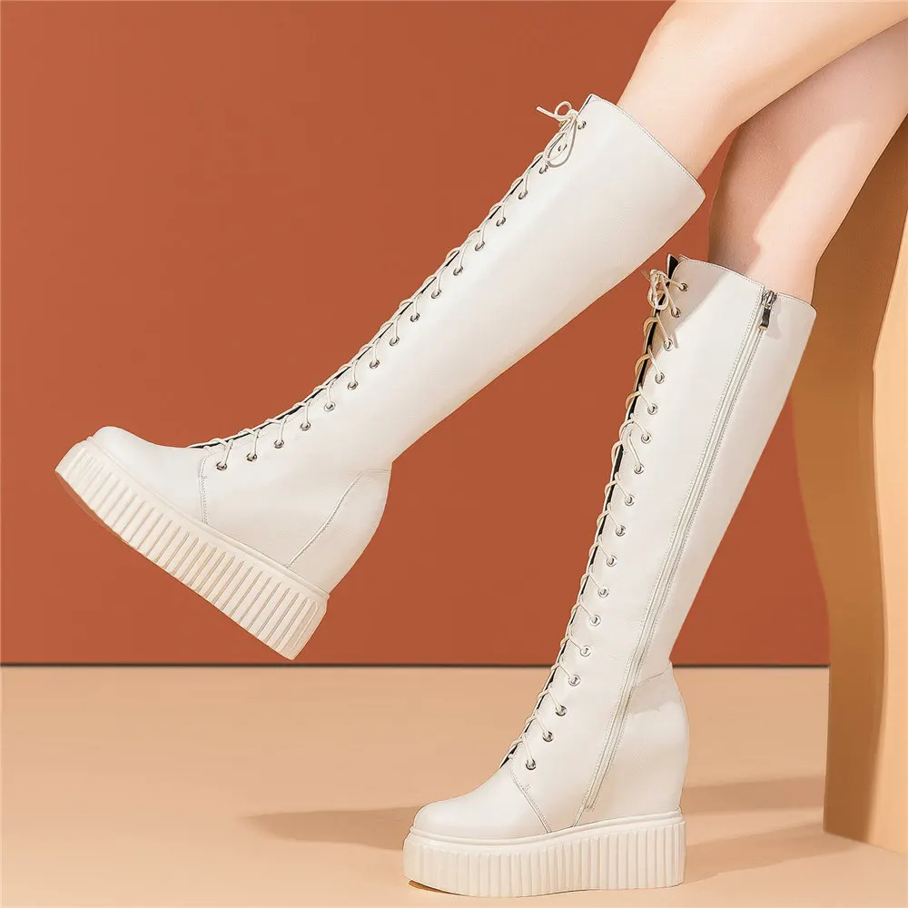 

Thigh High Fashion Sneakers Women Lace Up Genuine Leather Wedges High Heel Knee High Boots Female Winter Platform Pumps Shoes