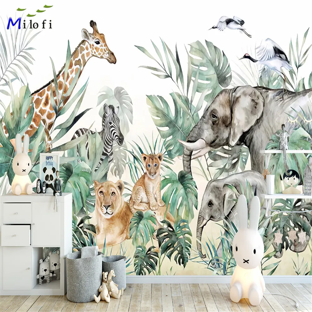 Milofi custom 3D large wallpaper mural hand-painted Nordic forest small animal kindergarten jungle sticker background wall