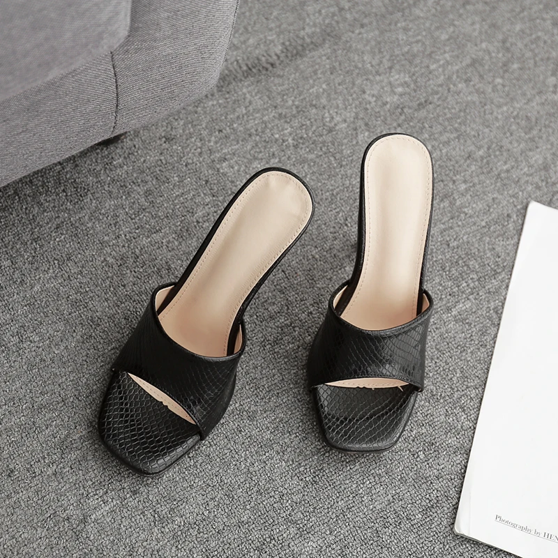 New 2022 Summer Women Slipper Square Toe Thin High Heel Ladies Sandal Mules High Quality Elegant Dress Shoes Slides