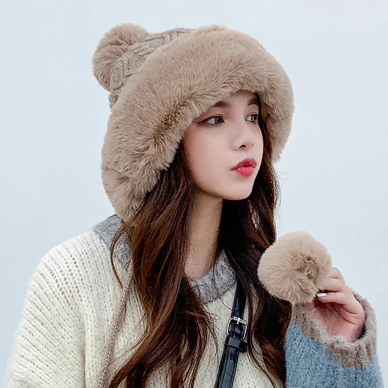 New Fashion Women Winter Warm Ski Big Fur Pom Poms Warm Knit Hat Set Winter Women Wool Beanie Hat Thick Skullies Female Hat Caps