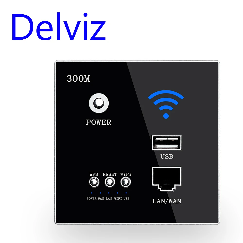 Delviz Draadloze Wifi Socket Rj45, Ap Relais Smart Usb Socket, Crystal Glass Panel, 220V Power, 300Mbps Embedded Muur Wifi Router