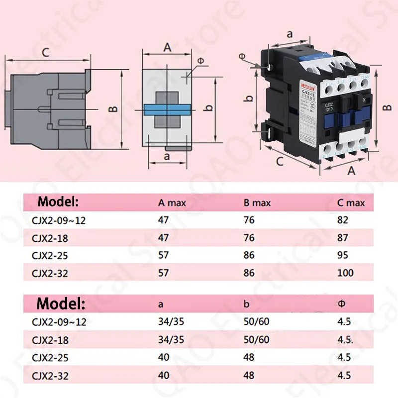 3 Phase Motor Magnetic Contactor Relay 12A 3P 3 Pole 1NO AC 24V 110V 220 Volts 380V Coil CJX2-1210 35mm Din Rail Mounting