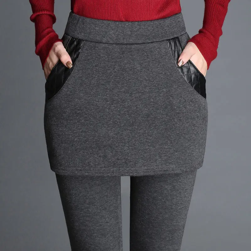 

Women Autumn Winter Slim Velvet Thick Fake Two Pieces Pants Stretch Warm High Waist Mujer Pantalones L04