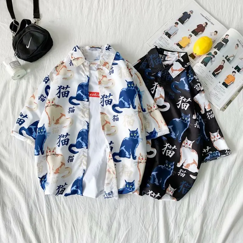 Camisa hawaiana de manga corta para hombre, camisa de secado rápido de talla grande asiática, M-3XL de verano, informal, con Gato bonito, para