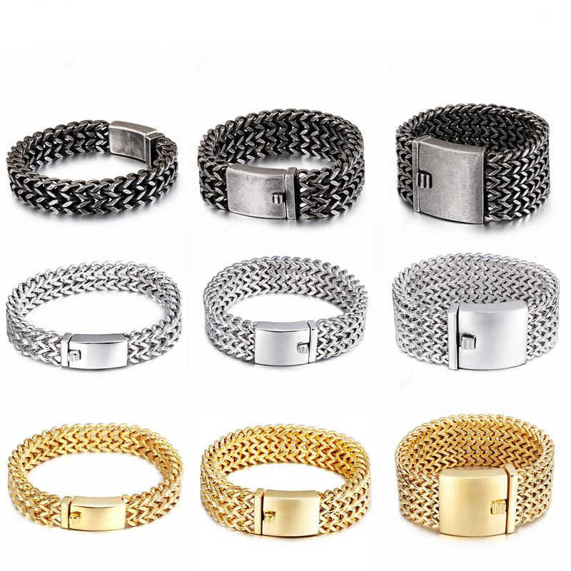 18mm 30mm Heavy Punk Gold Color Multilayer Mesh Chain Bracelet Men Women Hiphop Black Stainless Steel Biker Bike Bangle  Jewelry