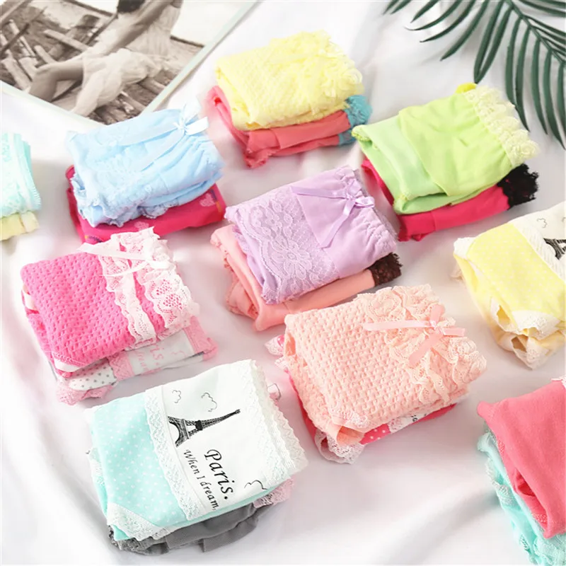 3 Pcs/Lot Teenage Panties Lace Cartoon Underpants Young Girl Briefs Comfortable Cotton Gray Panties Kids Underwear