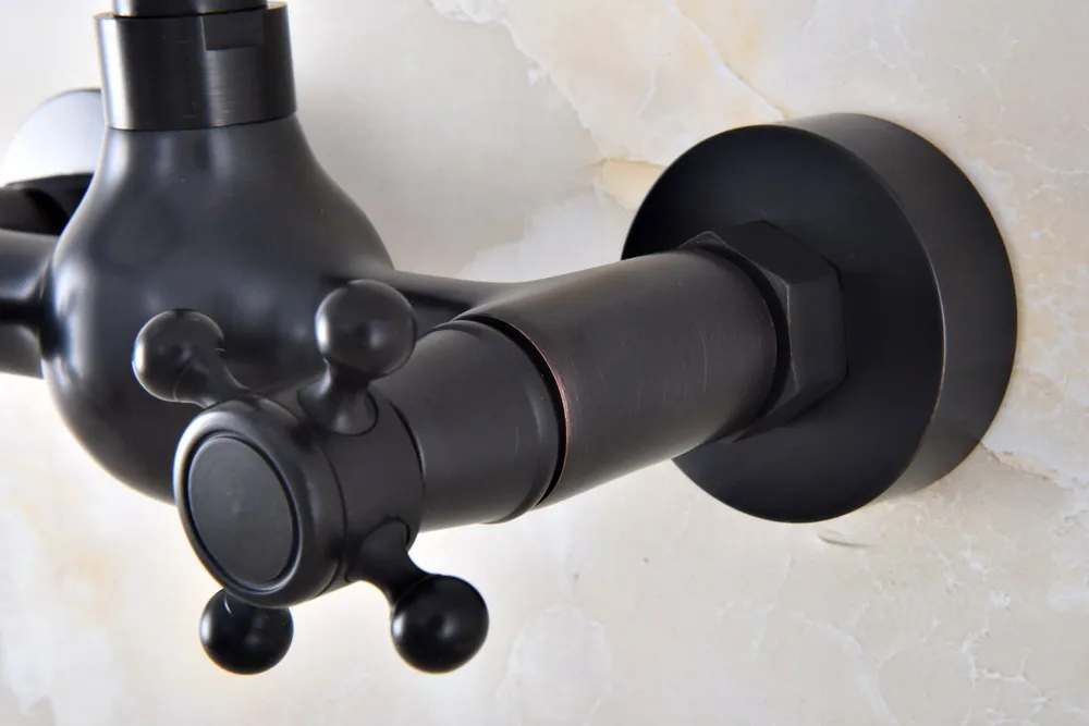 Black Oil Rubbed Bronze Wall Mounted Bathroom Kitchen Sink Faucet Swivel Spout Mixer Tap Dual Cross Handles anf848