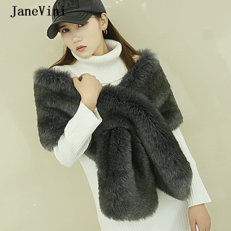 JaneVini New Fashion Dark Gray Women Shawls and Wraps Wedding Jackets 2020 Faux Fur Bolero Bridal Cape Winter Warm Shrugs Stoles