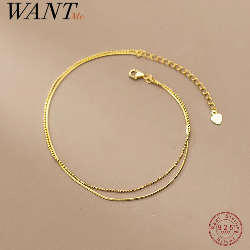 WANTME 925 Sterling Silver Simple Double Snake Bone Round Beads Charm Anklet for Women Fine 18k Gold Chain Bohemian Jewelry