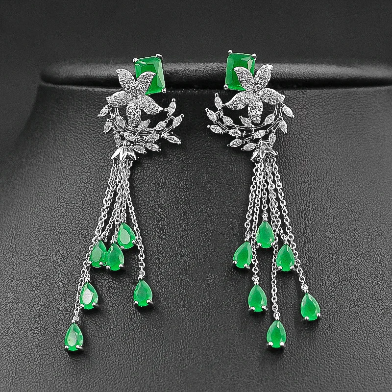 Fashion Long CZ Green Tassel Drop Earring for Women Wedding Gift