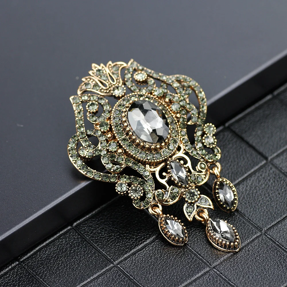 Sunspciems Full Rhinestone Gray Crystal Flower Brooch Pins Bohemia Ethnic Banquet Jewelry Turkish Hijab Scarf Broches Brooches