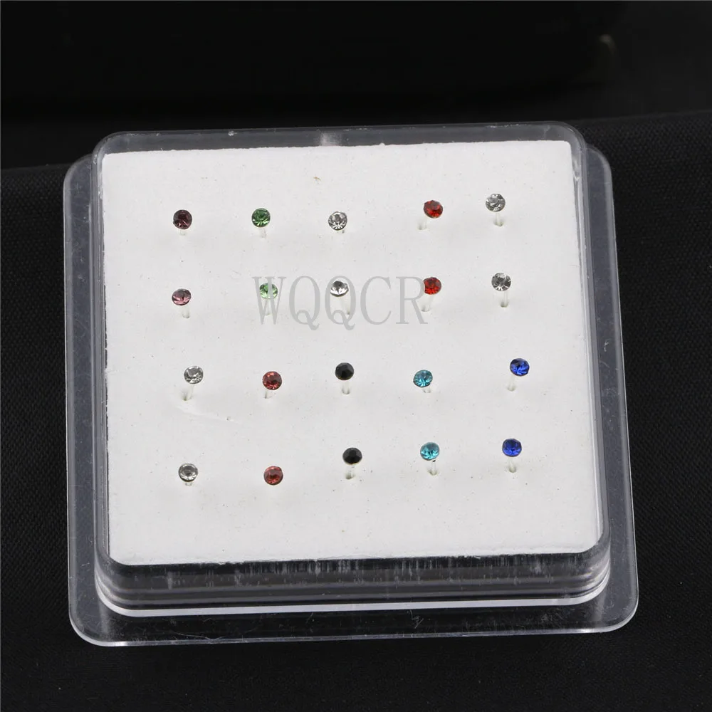 20 sztuk/pudło prosty Pin kolor mieszania z 1/2/3mm kryształ nos Piercing biżuteria do ciała nos szpilki pierścionki Piercing Pin biżuteria do ciała