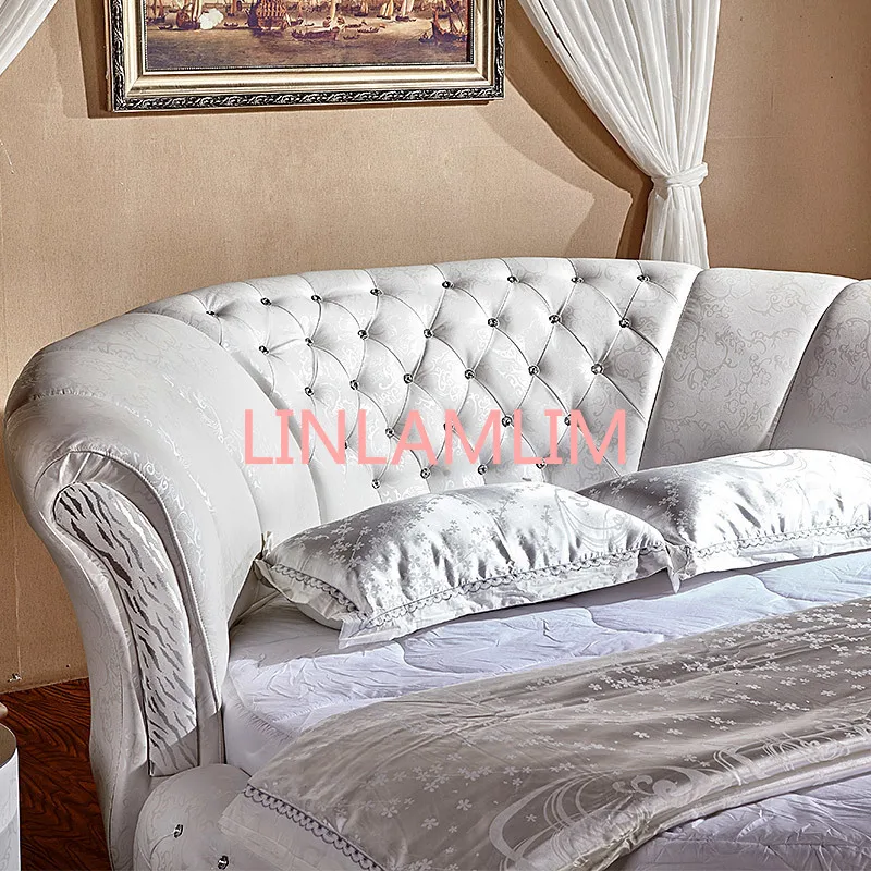 Genuine Leather multifunctional bed frame Nordic camas ultimate bed round bed night stands with crystal buttons white color