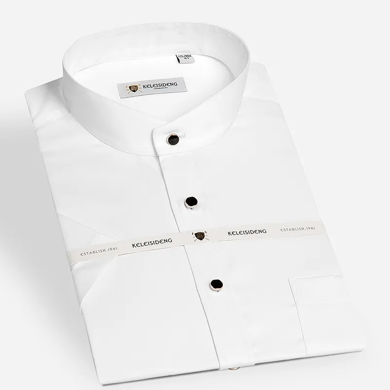 

Summer Solid Mandarin Men's Dress Shirts Short Sleeve 100% Cotton Shirt Mens White Soft Regular Fit Male Clothing High Quality