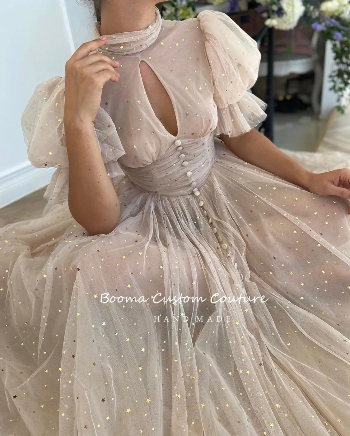 Booma Elegant High Neck Evening Dresses Short Sleeves Keyhole Buttoned Top A-Line Prom Dresses Pockets Tea-Length Party Gowns