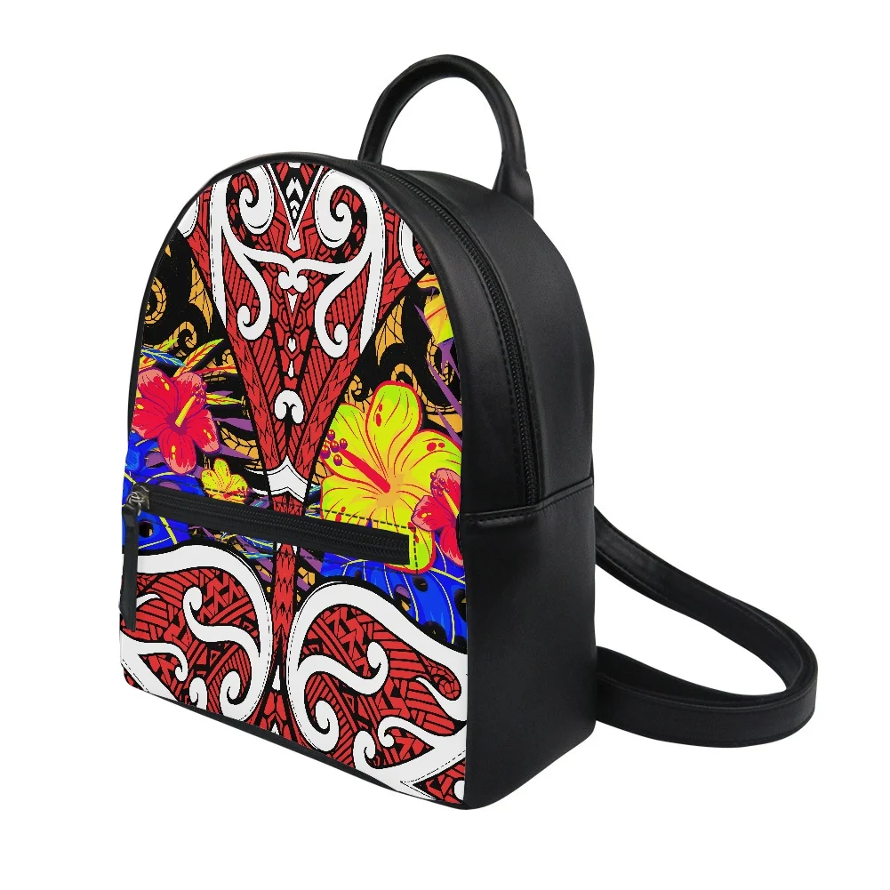 Hycool Polynesian Tribal Hawaii Flower Pattern Women's Small Backpack Pu Leather Casual Woman Backpack Travel Bag Storage