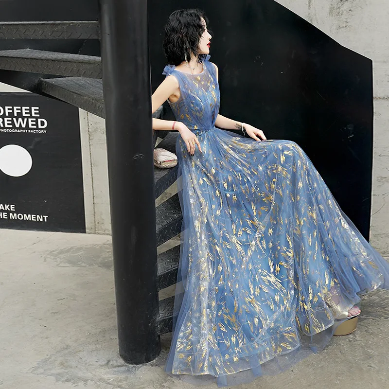 Robe de bal de standing pour femmes, tenue de soirée élégante, col rond, sans manches, ligne a, longueur au sol, broderie appliquée, dentelle